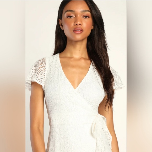 Lulu’s Daily‎ Angel White Lace Flutter Sleeve Midi Wrap Dress - Picture 3 of 15